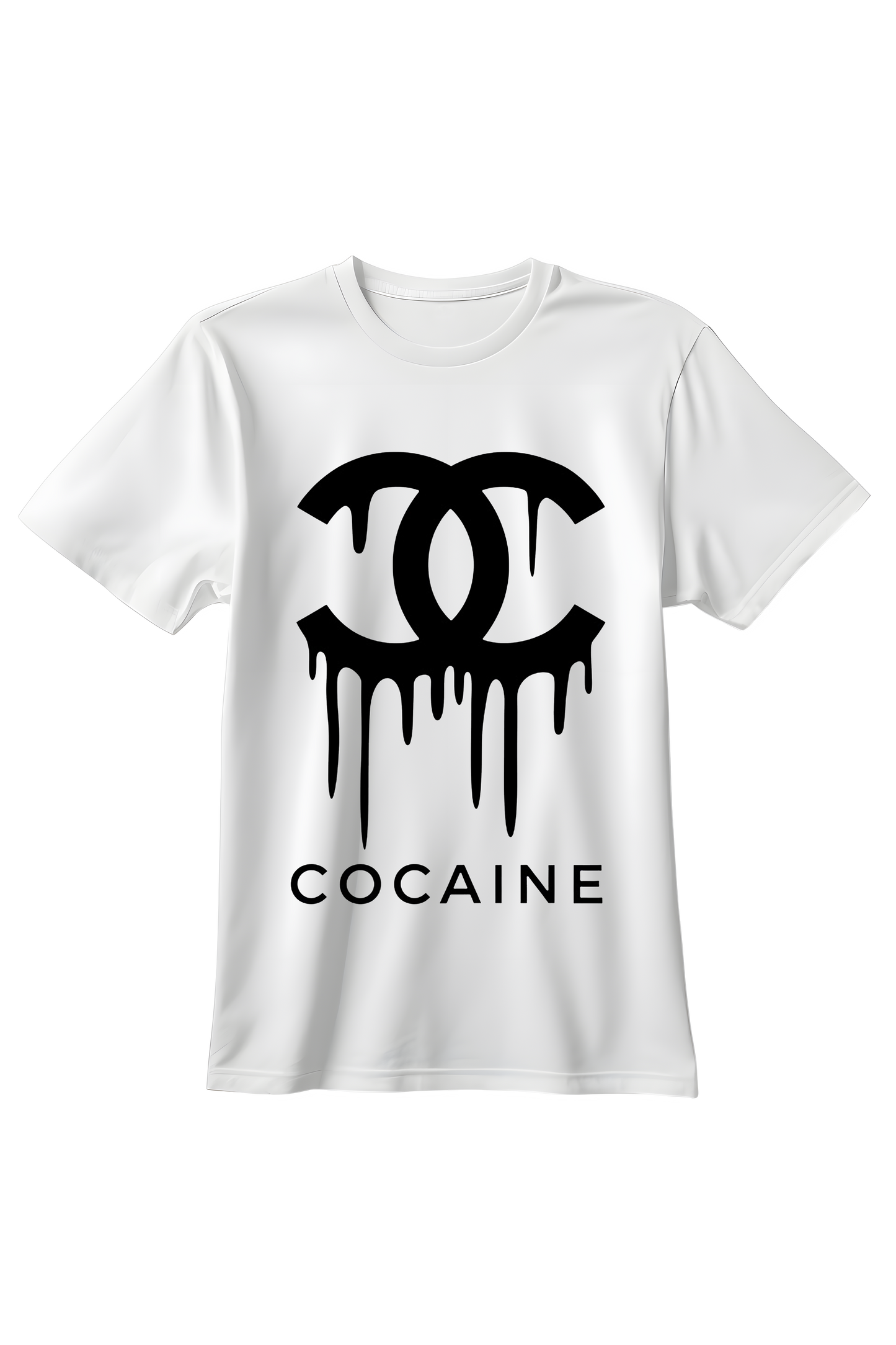 Biała koszulka męska z czarnym nadrukiem Cocaine i motywem ściekającego logotypu w stylu streetwear.