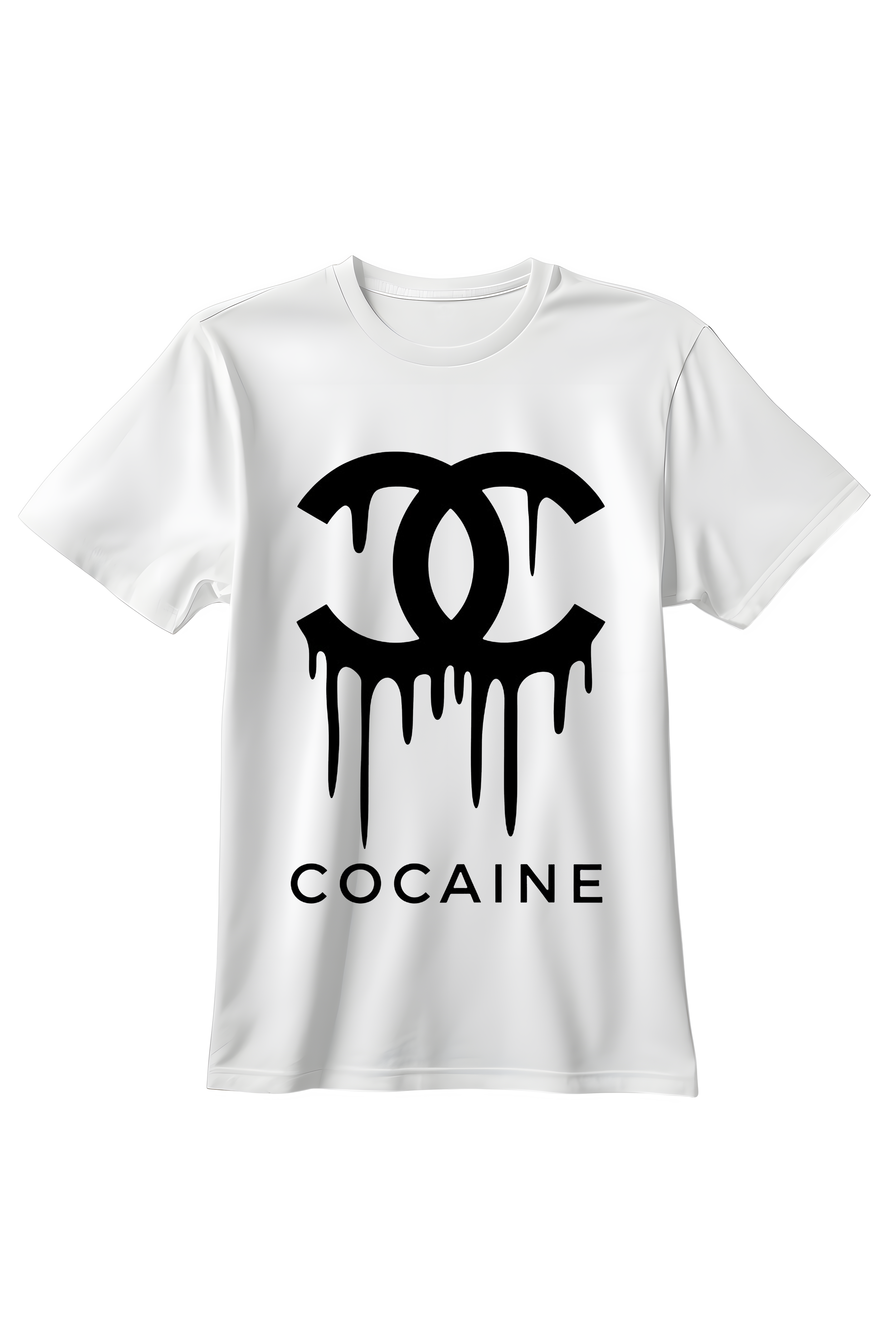 Biała koszulka męska z czarnym nadrukiem Cocaine i motywem ściekającego logotypu w stylu streetwear.