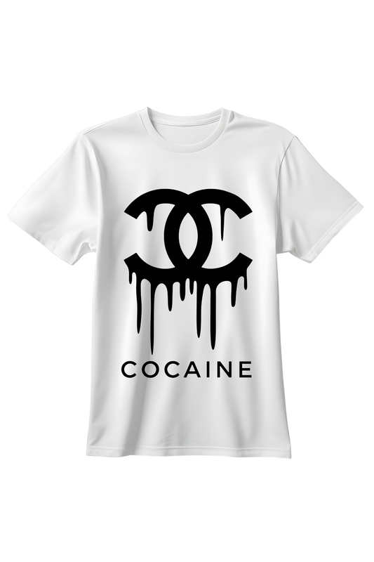 Biała koszulka męska z czarnym nadrukiem Cocaine i motywem ściekającego logotypu w stylu streetwear.