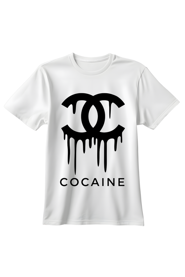 Biała koszulka męska z czarnym nadrukiem Cocaine i motywem ściekającego logotypu w stylu streetwear.