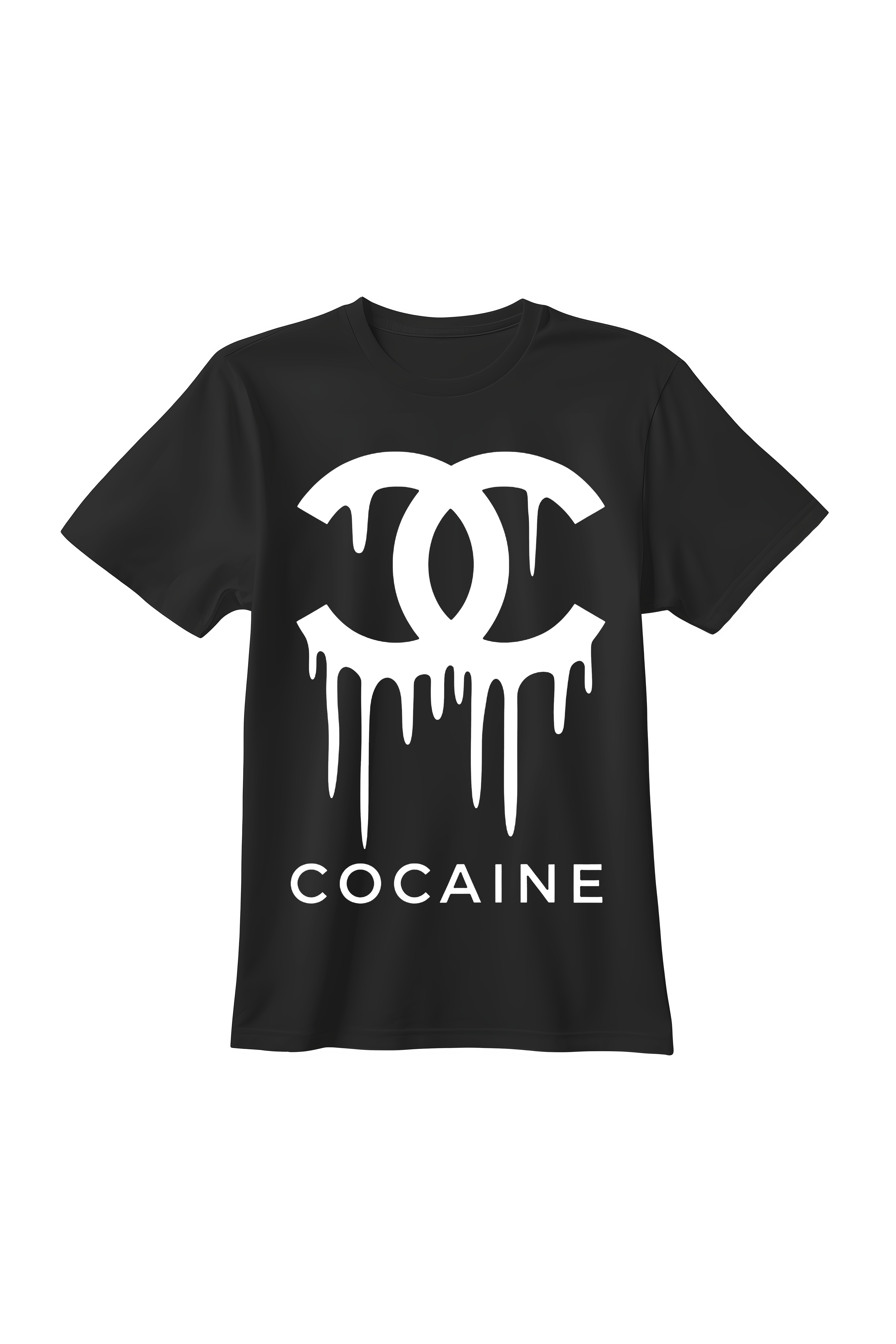Czarna koszulka męska z białym nadrukiem Cocaine i motywem ściekającego logotypu w stylu streetwear.