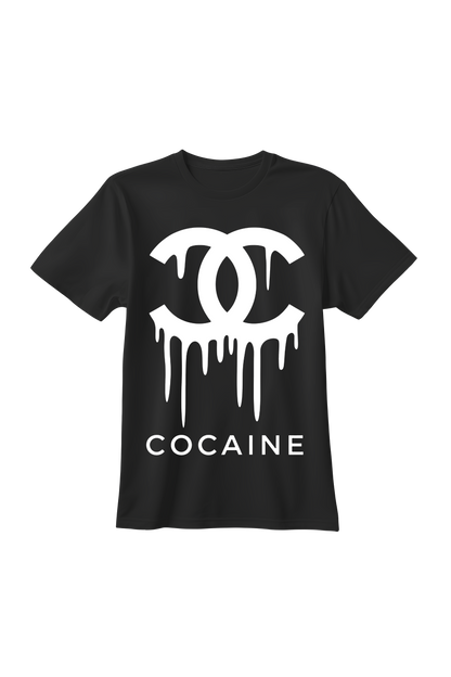 Czarna koszulka męska z białym nadrukiem Cocaine i motywem ściekającego logotypu w stylu streetwear.