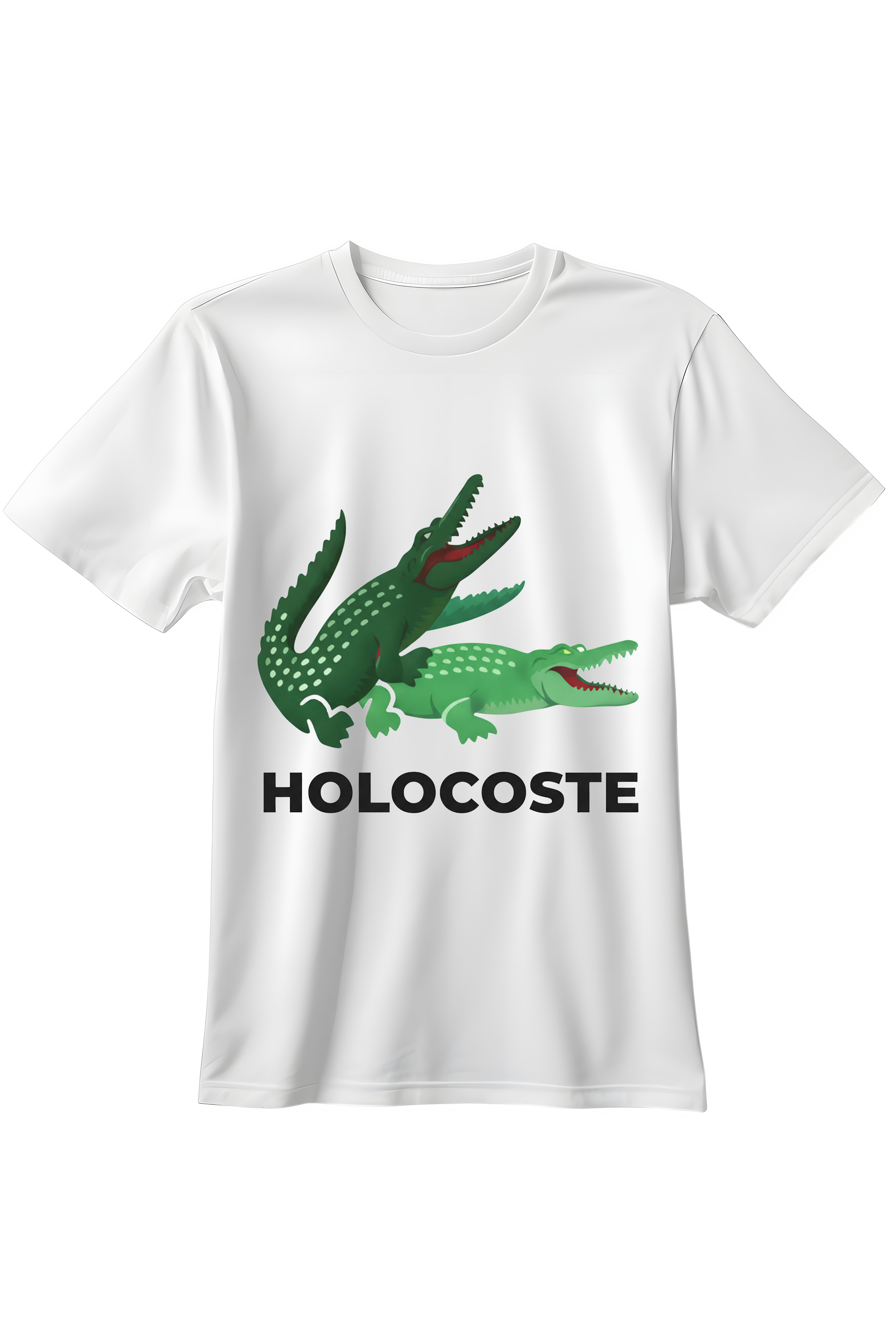 Biała koszulka z grafiką dwóch zielonych krokodyli w zabawnej pozie i czarnym napisem HOLOCOSTE pod spodem.