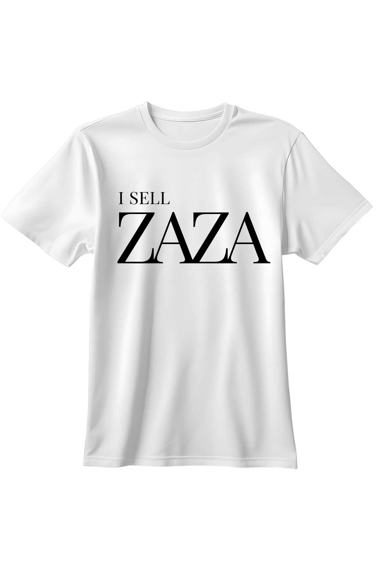 Biały t-shirt z eleganckim czarnym napisem I SELL ZAZA w stylu luksusowych marek modowych.