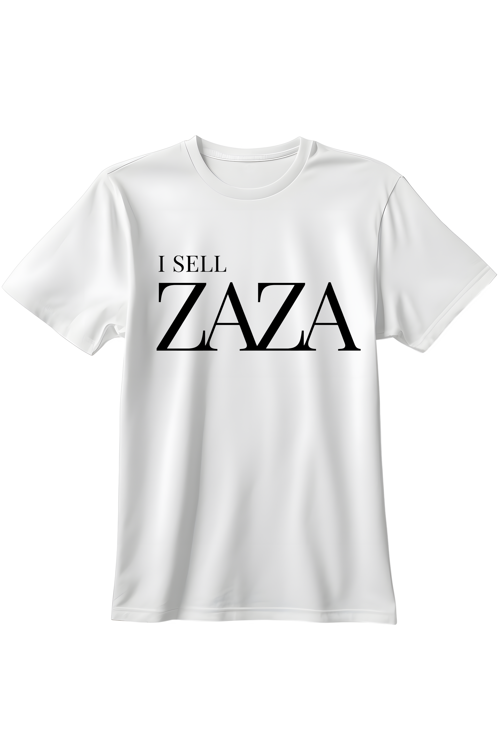 Biały t-shirt z eleganckim czarnym napisem I SELL ZAZA w stylu luksusowych marek modowych.