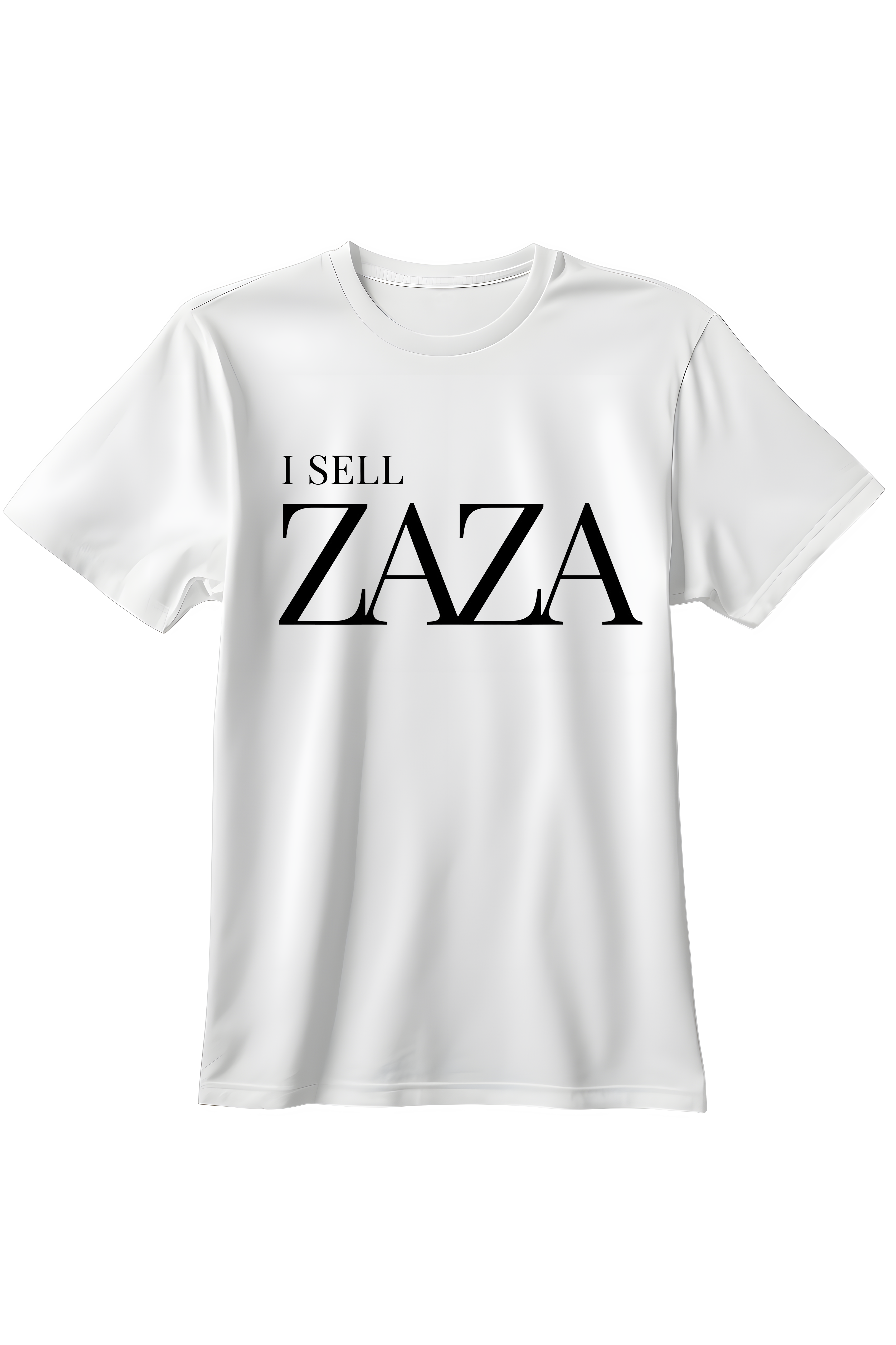 Biały t-shirt z eleganckim czarnym napisem I SELL ZAZA w stylu luksusowych marek modowych.