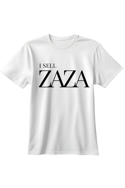 Biały t-shirt z eleganckim czarnym napisem I SELL ZAZA w stylu luksusowych marek modowych.