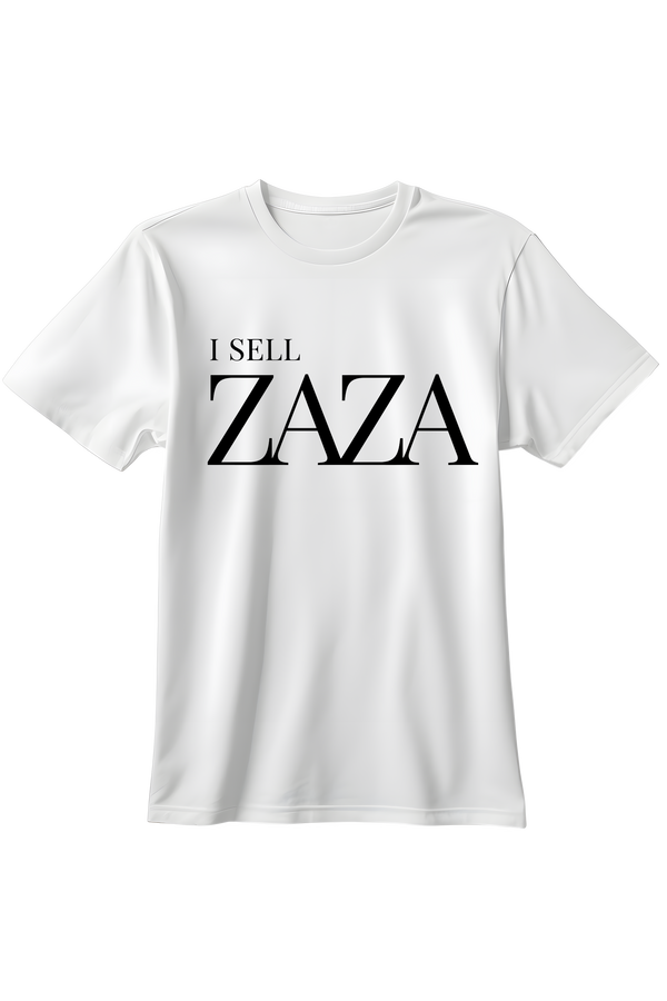 Biały t-shirt z eleganckim czarnym napisem I SELL ZAZA w stylu luksusowych marek modowych.