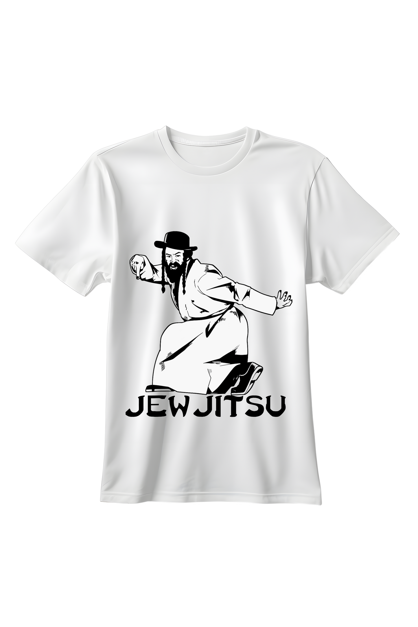 Biała koszulka unisex z memiczną grafiką JewJitsu – parodia sztuk walki w stylu popkulturowym