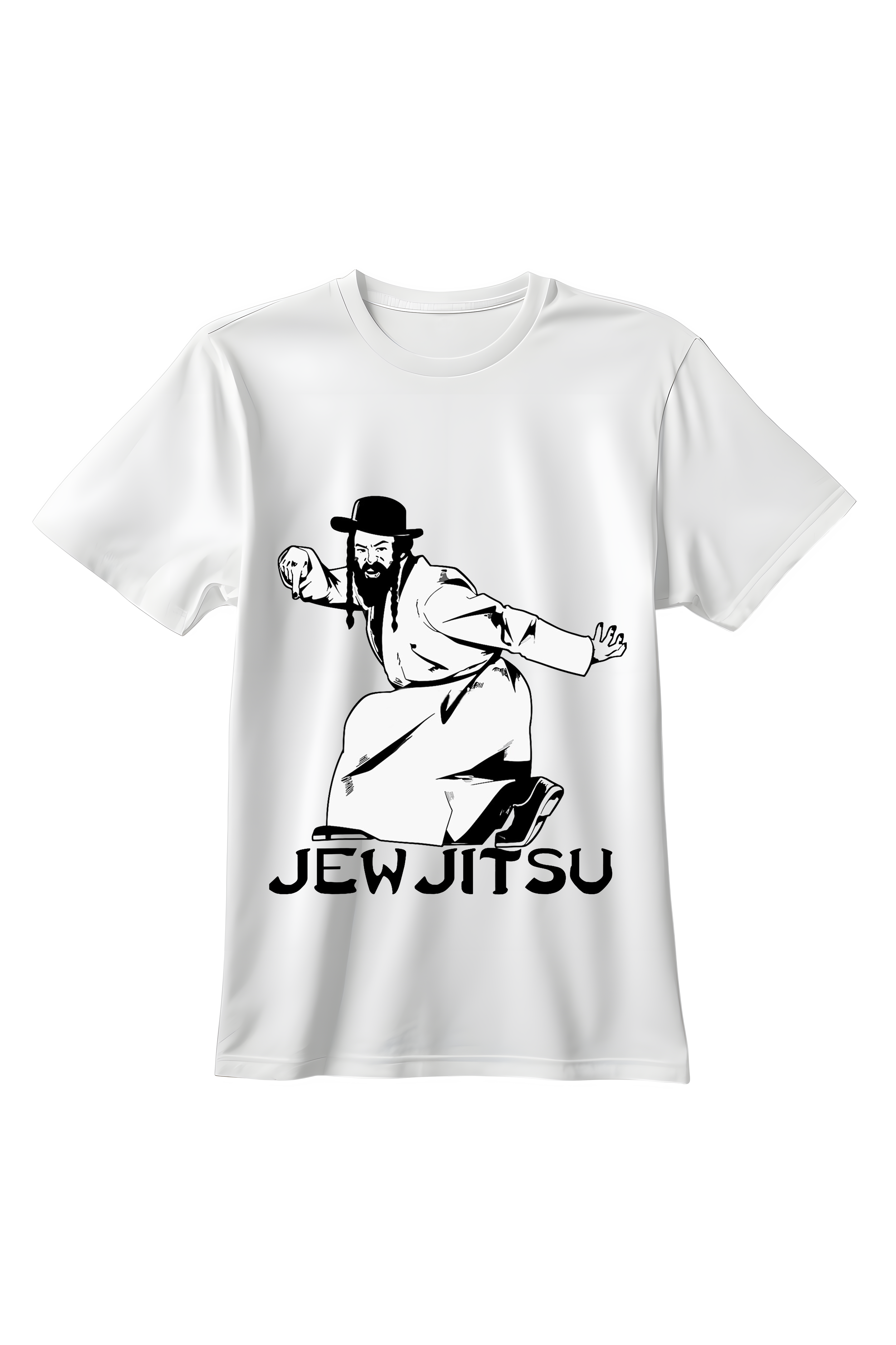 Biała koszulka unisex z memiczną grafiką JewJitsu – parodia sztuk walki w stylu popkulturowym