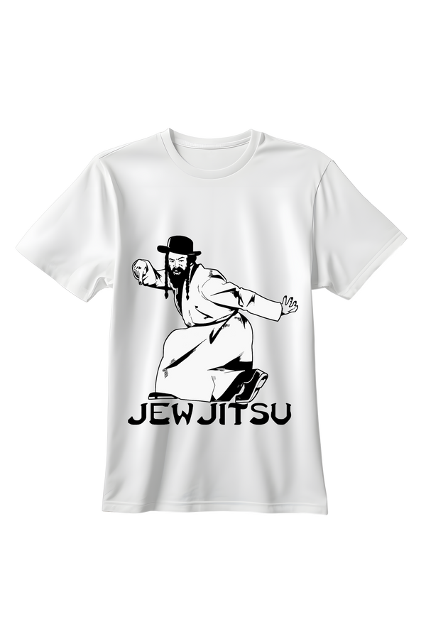 Biała koszulka unisex z memiczną grafiką JewJitsu – parodia sztuk walki w stylu popkulturowym