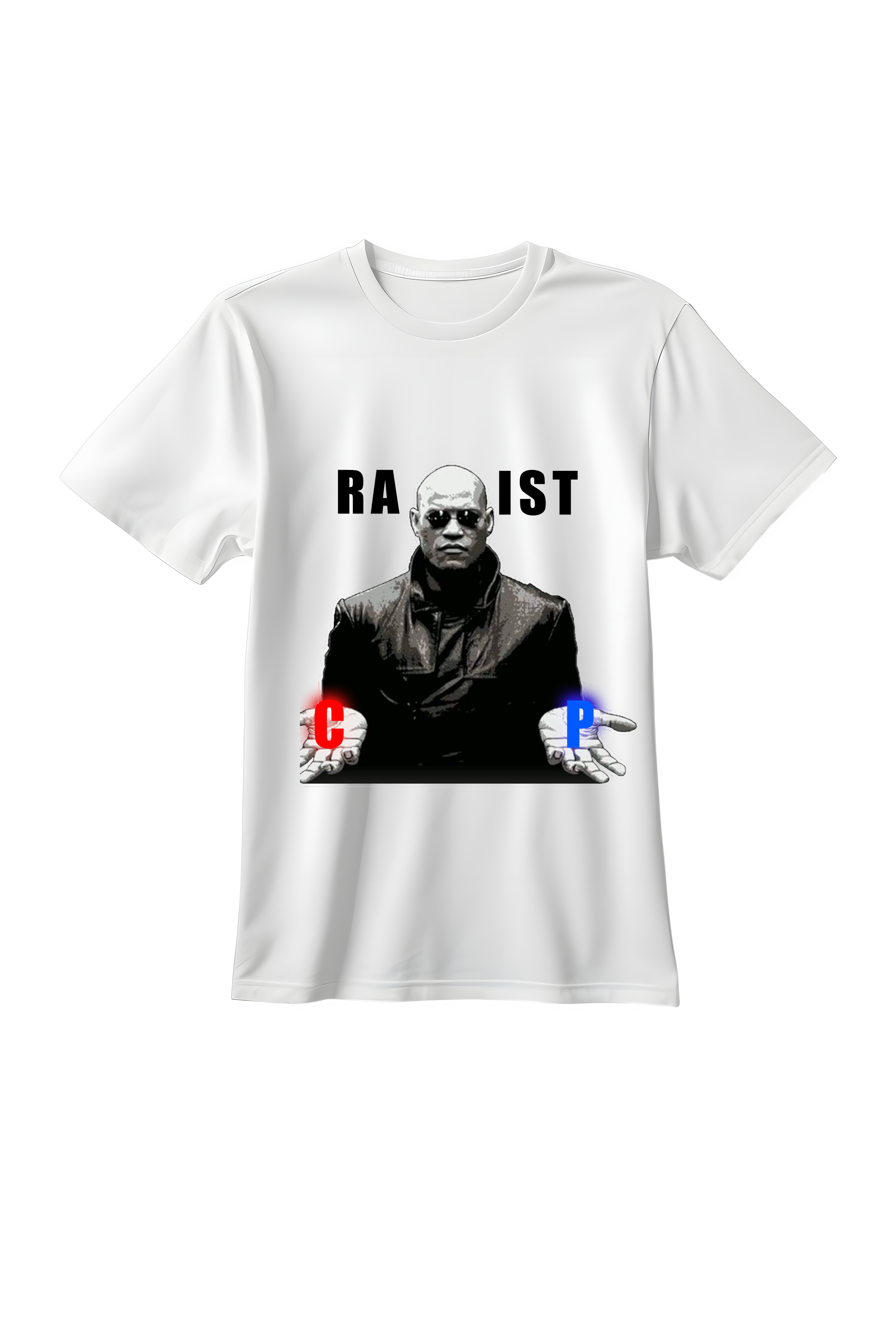 Biała koszulka unisex z memiczną grafiką – parodia popkulturowej sceny, humor absurdalny i satyra