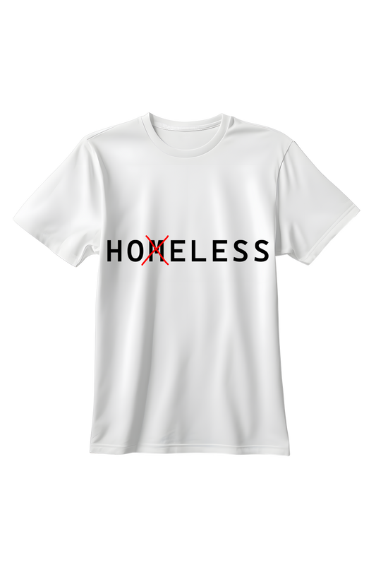 Biała koszulka unisex z minimalistycznym napisem HOELESS i przekreśloną literą w stylu typograficznym