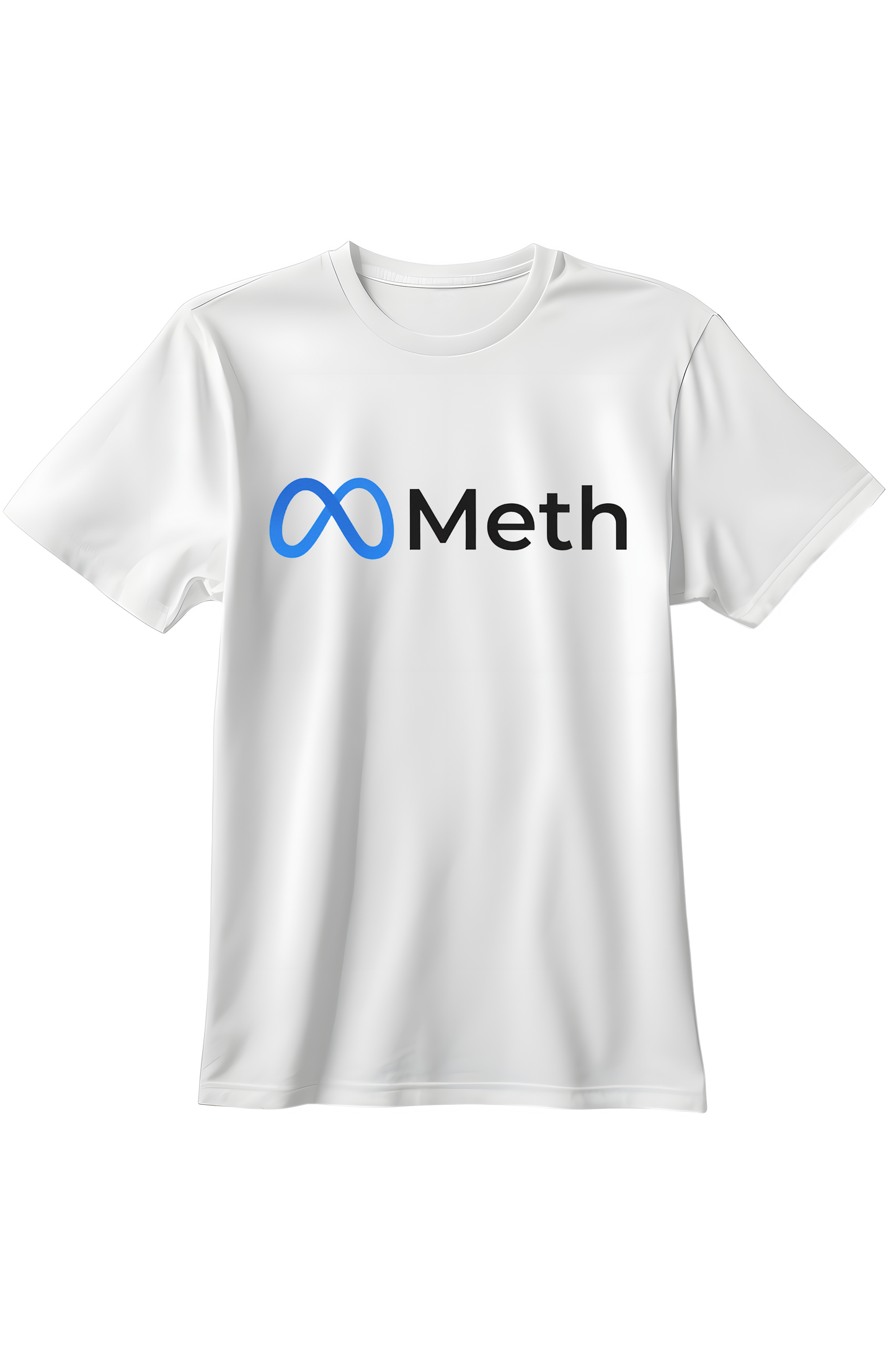 Biały t-shirt z niebieskim logotypem nieskończoności (parodia Meta) i czarnym napisem Meth obok.