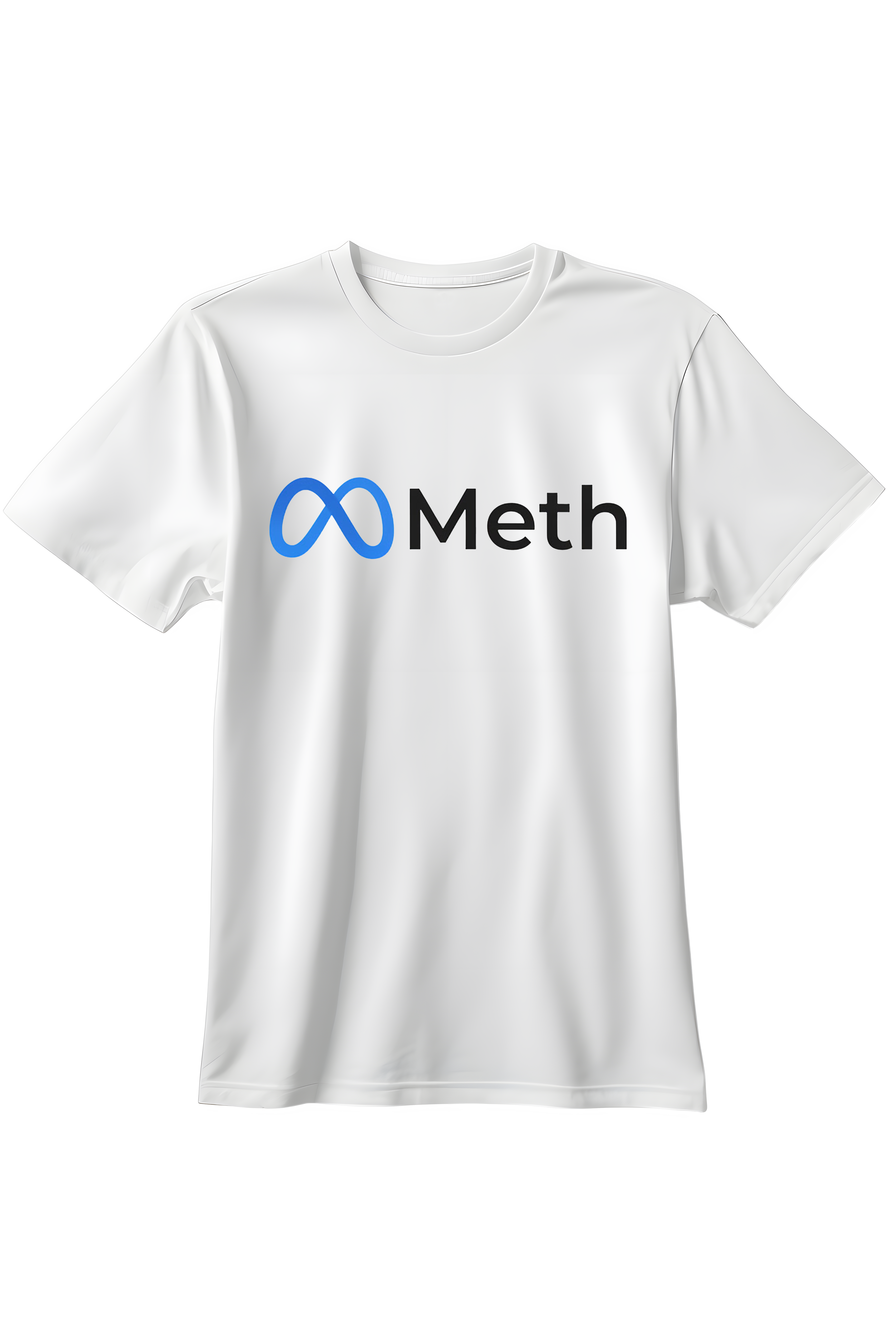 Biały t-shirt z niebieskim logotypem nieskończoności (parodia Meta) i czarnym napisem Meth obok.