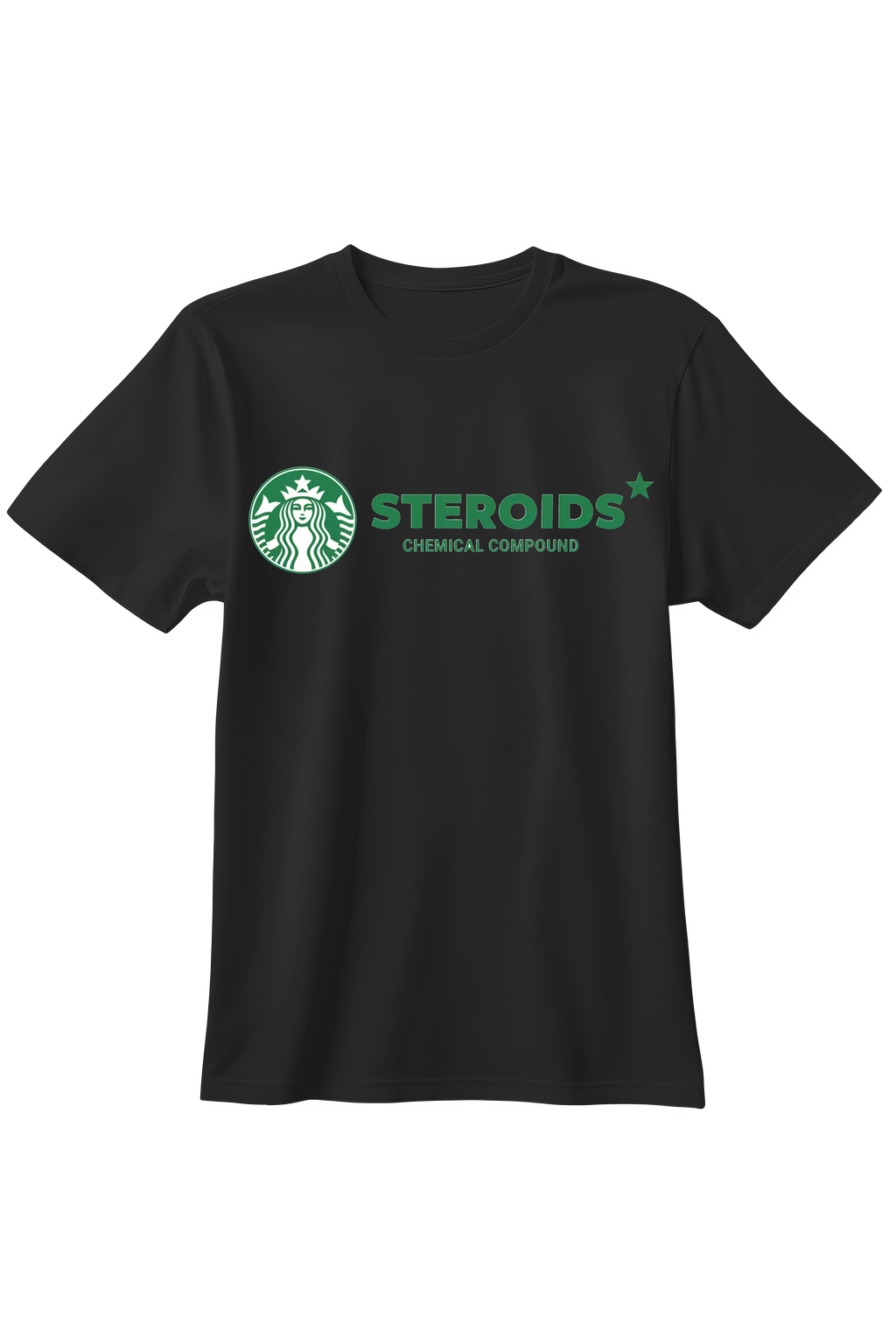 Czarna koszulka t-shirt z zielonym logo będącym parodią Starbucks z napisem Steroids Chemical Compound.