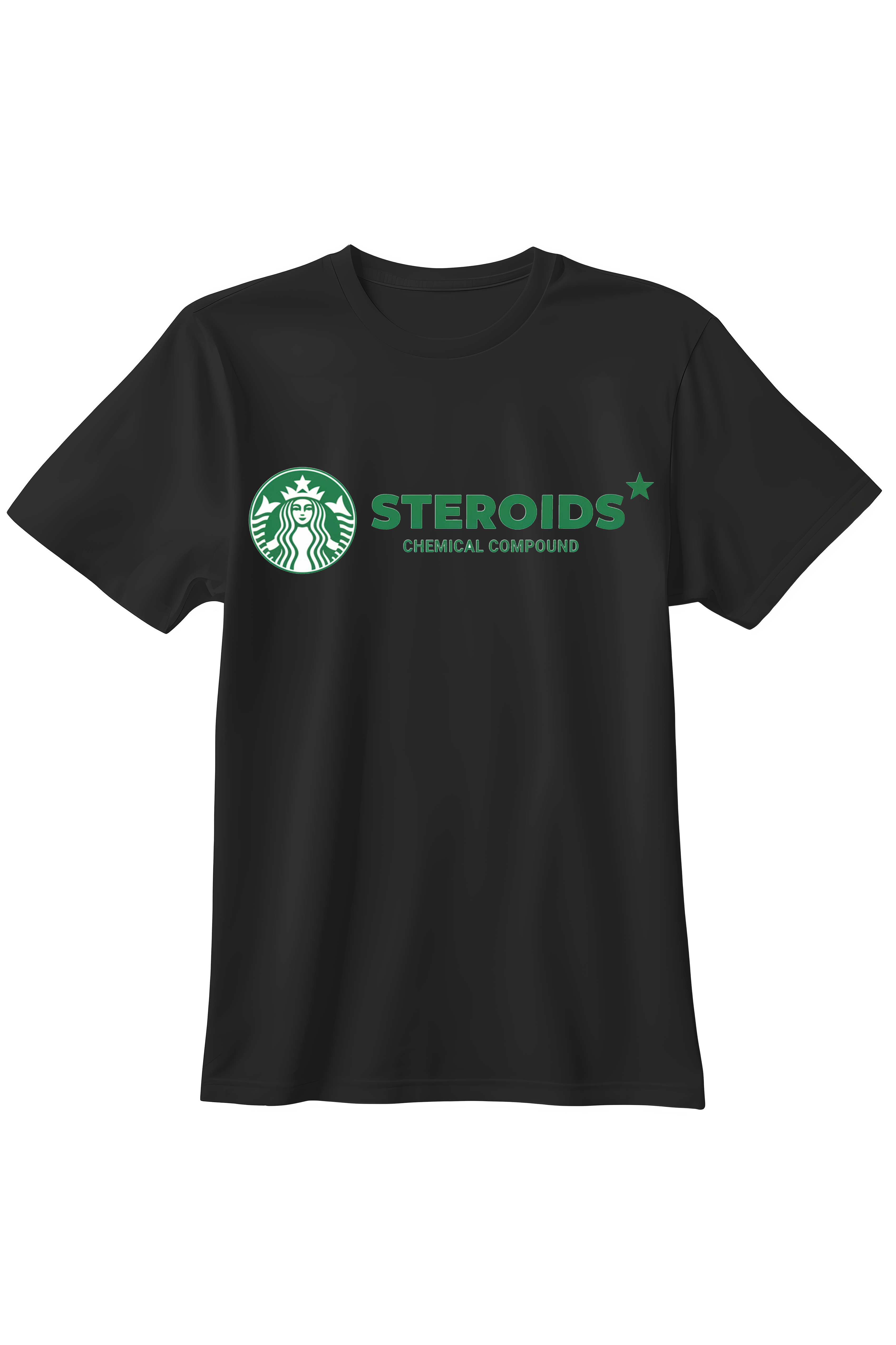 Czarna koszulka t-shirt z zielonym logo będącym parodią Starbucks z napisem Steroids Chemical Compound.