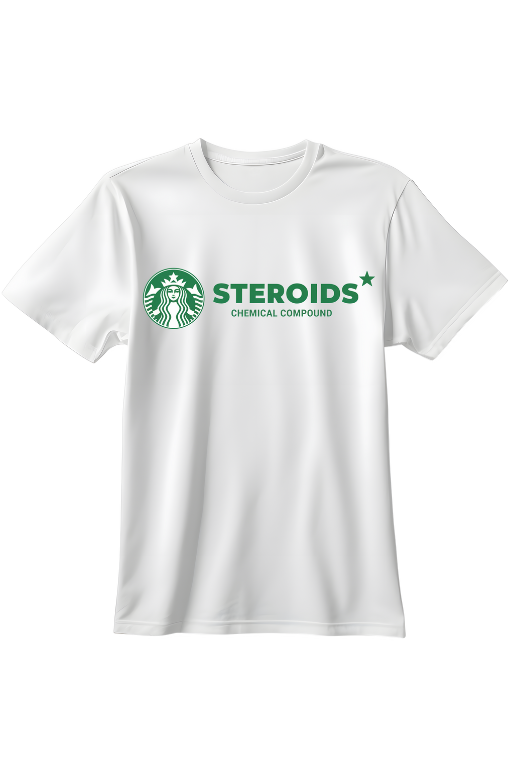 Biała koszulka t-shirt z zielonym logo będącym parodią Starbucks z napisem Steroids Chemical Compound.