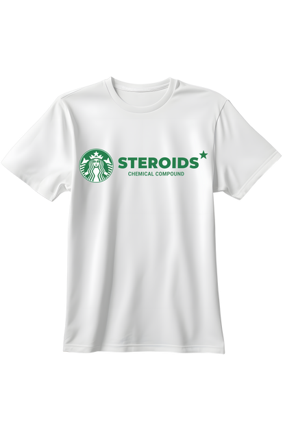 Biała koszulka t-shirt z zielonym logo będącym parodią Starbucks z napisem Steroids Chemical Compound.