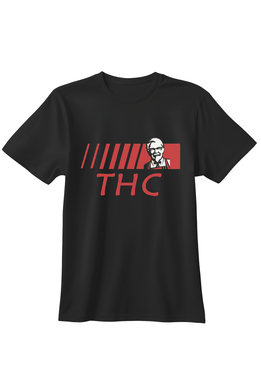 Czarny t-shirt z czerwoną grafiką przedstawiającą Pułkownika Sandersa i duży napis THC w stylu logo KFC.