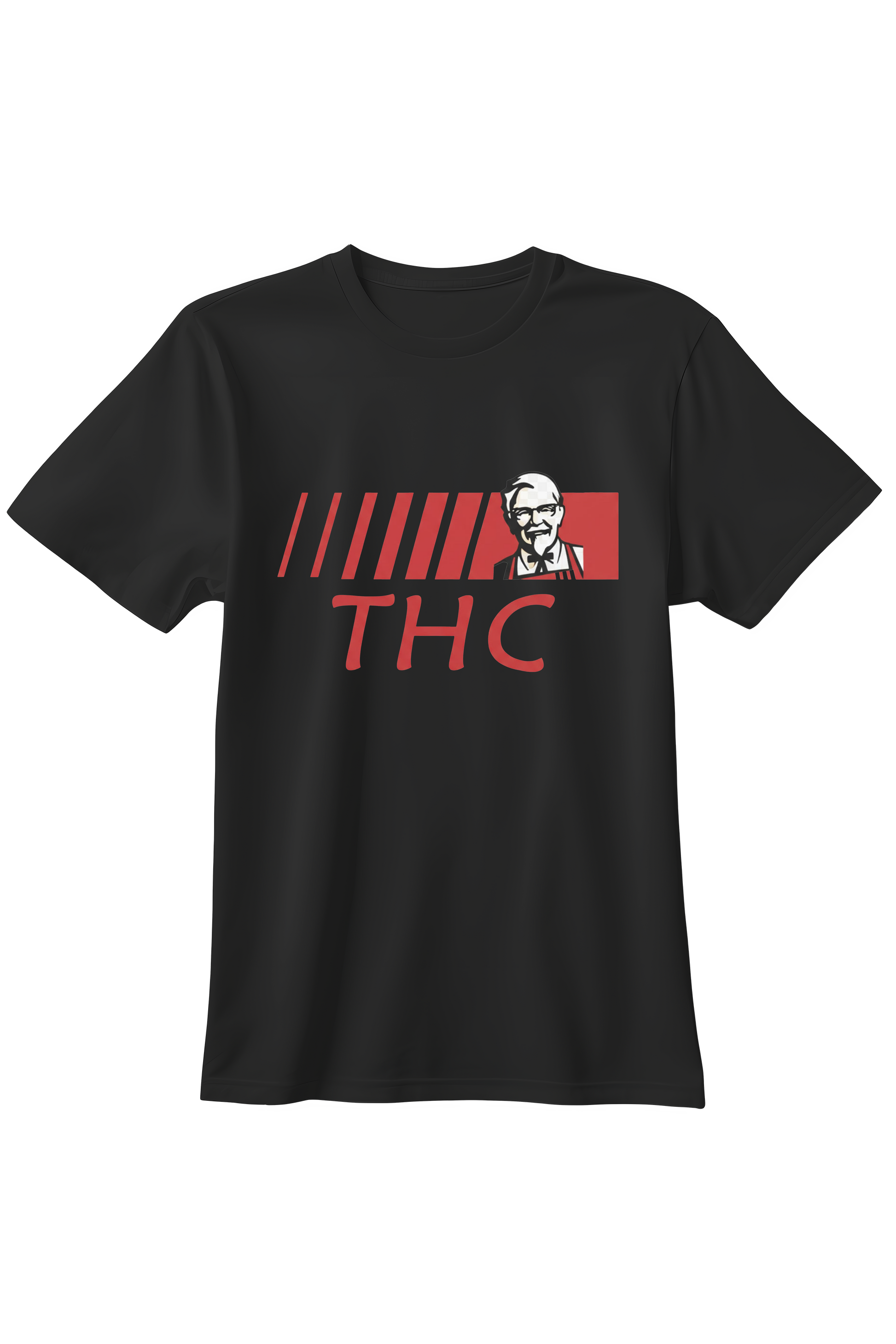 Czarny t-shirt z czerwoną grafiką przedstawiającą Pułkownika Sandersa i duży napis THC w stylu logo KFC.