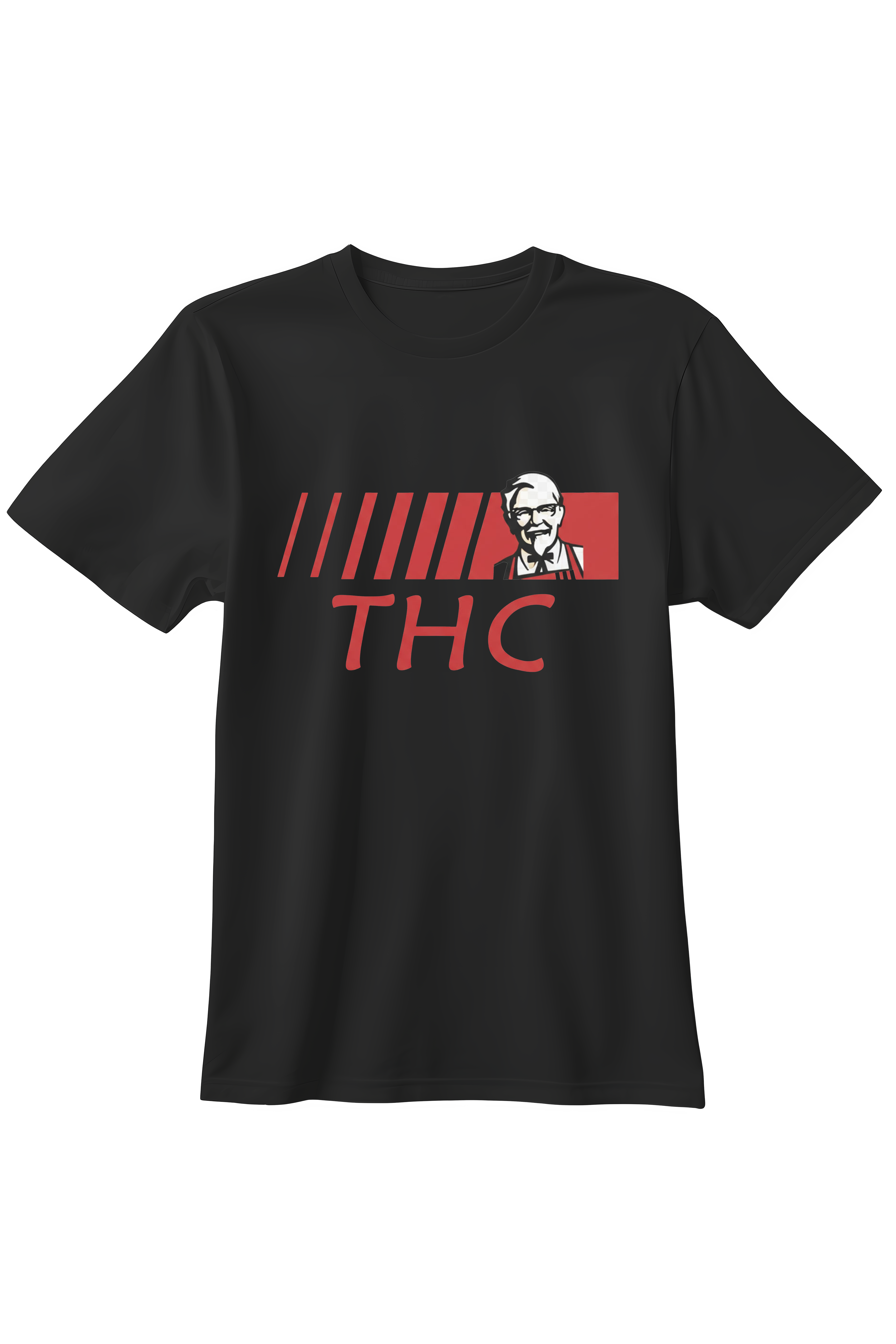 Czarny t-shirt z czerwoną grafiką przedstawiającą Pułkownika Sandersa i duży napis THC w stylu logo KFC.