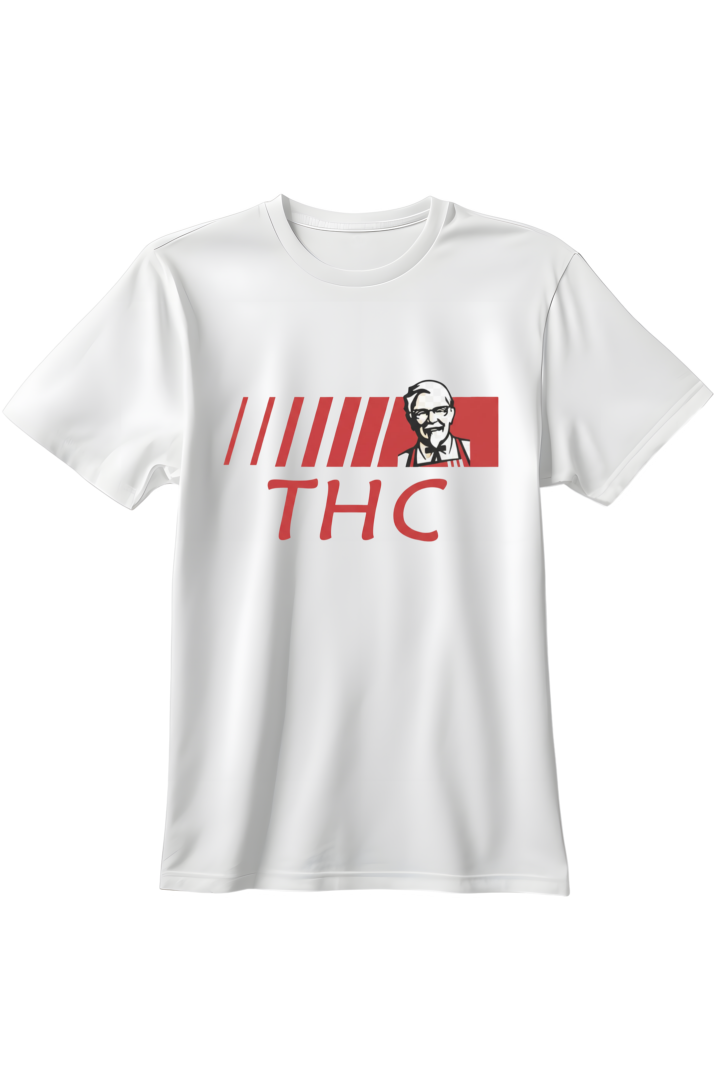 Biały t-shirt z czerwoną grafiką przedstawiającą Pułkownika Sandersa i duży napis THC w stylu logo KFC.
