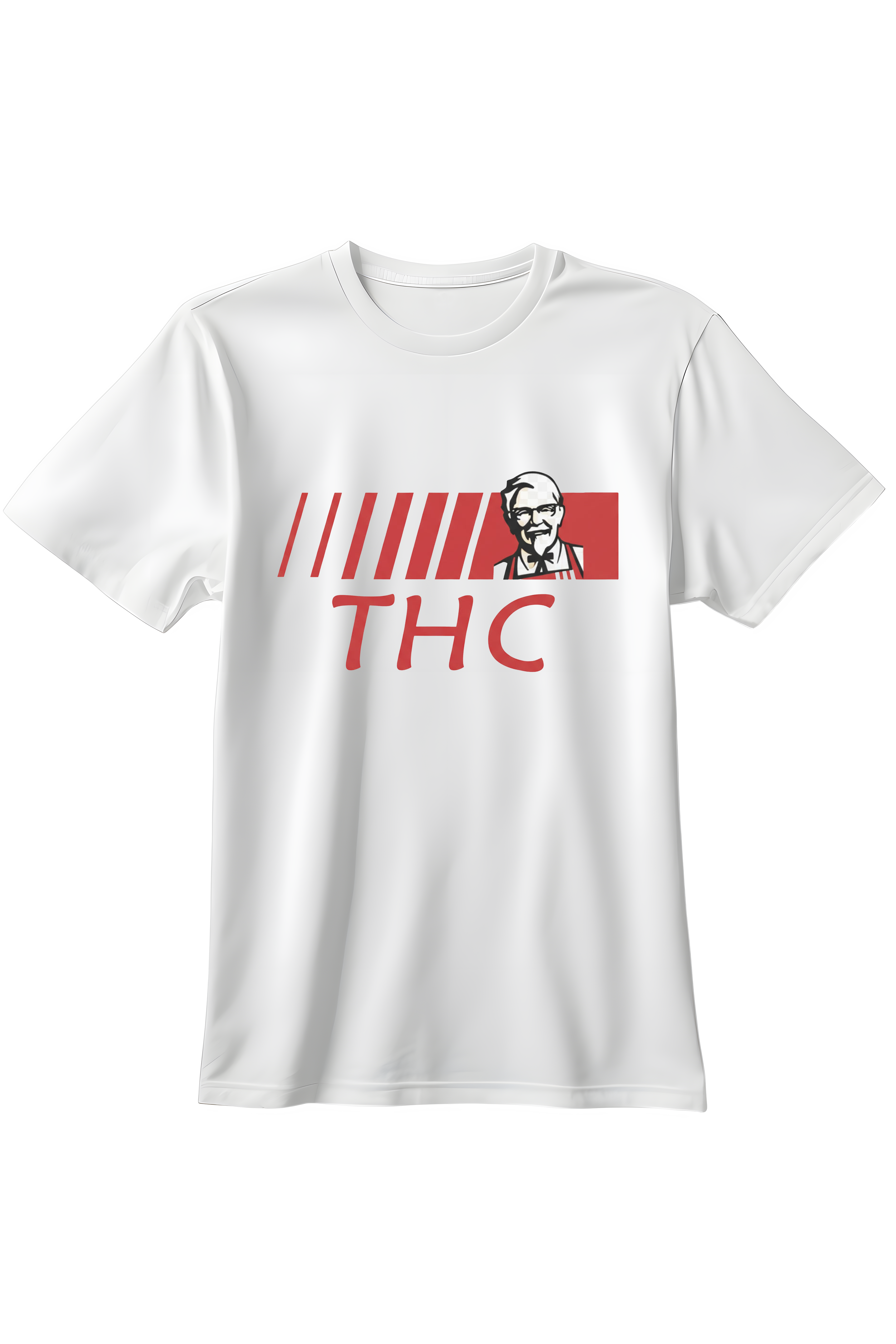 Biały t-shirt z czerwoną grafiką przedstawiającą Pułkownika Sandersa i duży napis THC w stylu logo KFC.
