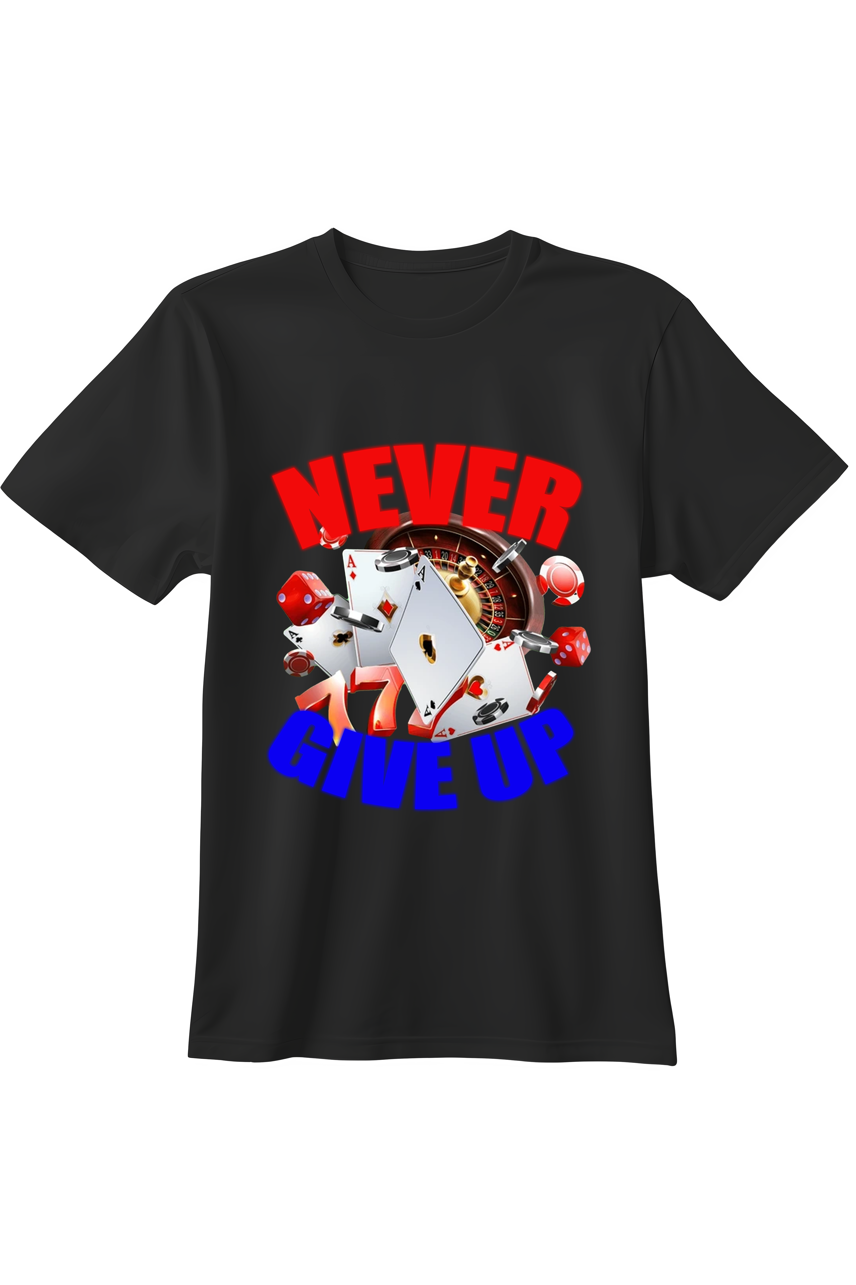 Czarna koszulka pokerowa Never Give Up z motywem kasyna, kart i ruletki